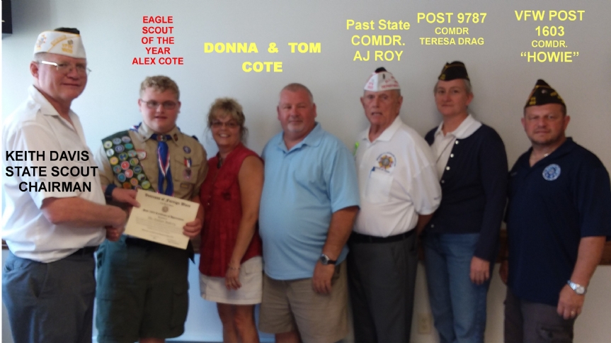 Alex Cote received the Department of Maine Eagle Scout of the Year award. It is presented to him by the Department Scout Chairman Keith Davis. 